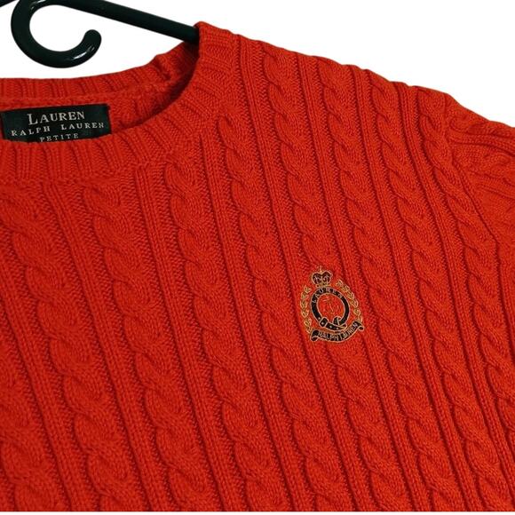 Lauren Ralph Lauren Petite Vintage Sweater Womens P/L Orange Cable Knit Crest - Picture 2 of 14